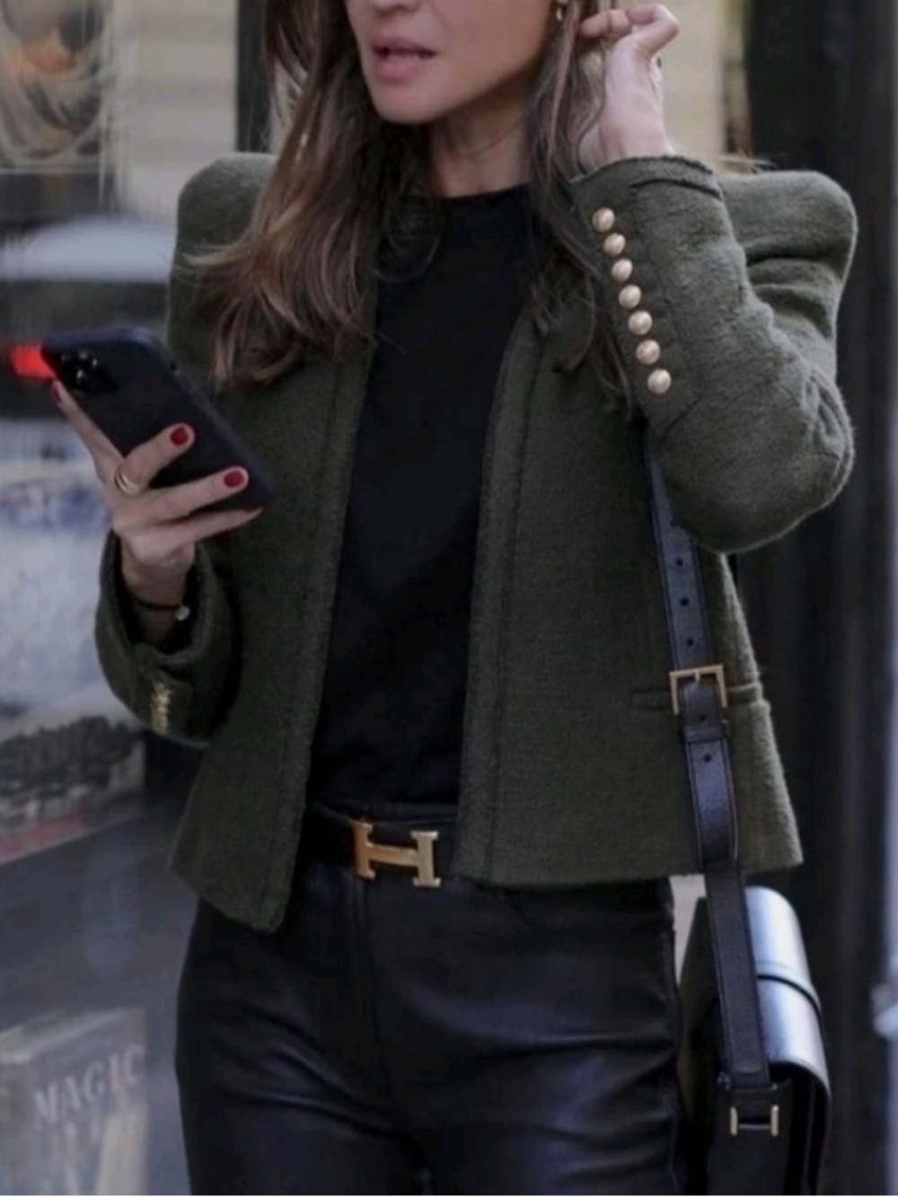 Zara Olive Green Tailored Cropped Blazer with Gold Buttons